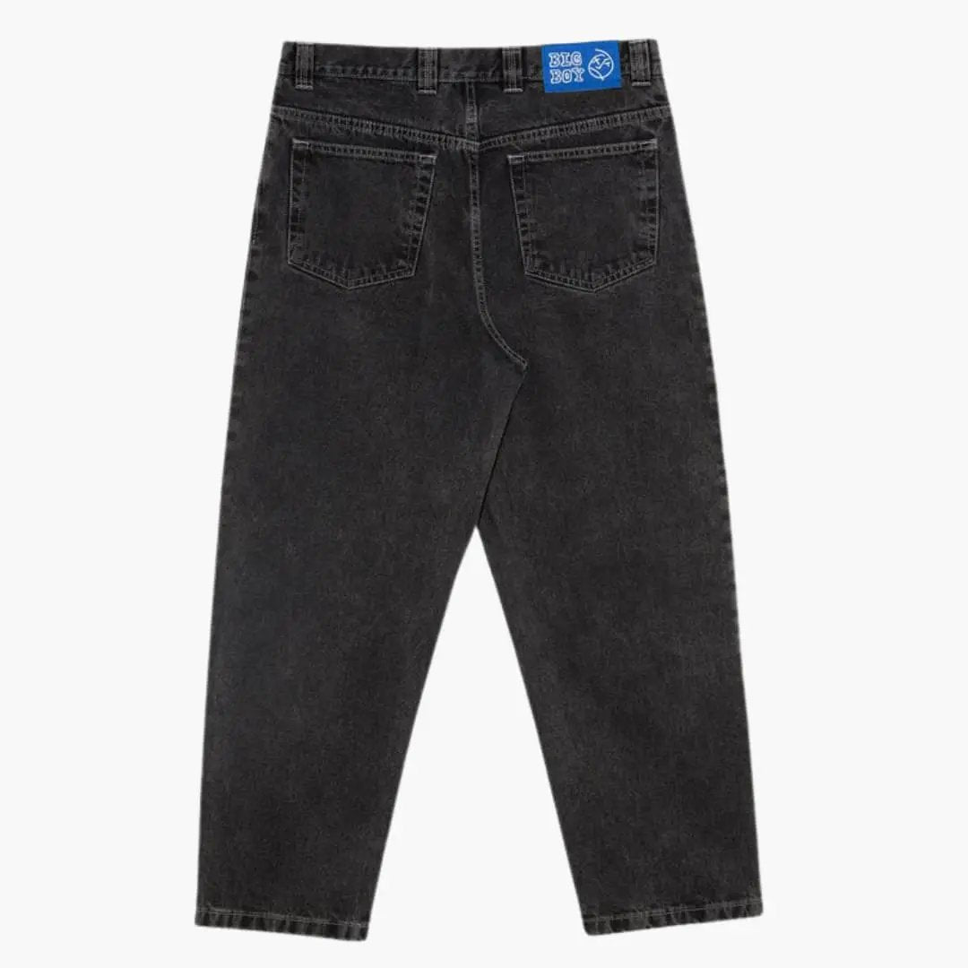 Loose baggy jeans for men in dark wash denim with back pockets, Wilfred Smith brand, blue waistband label