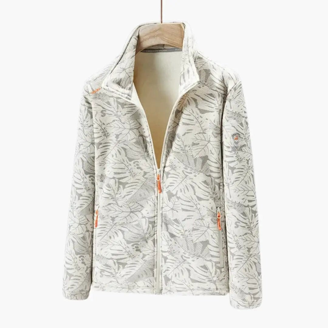 Unisex jacket with zipper and side pockets in a light gray leaf-print pattern