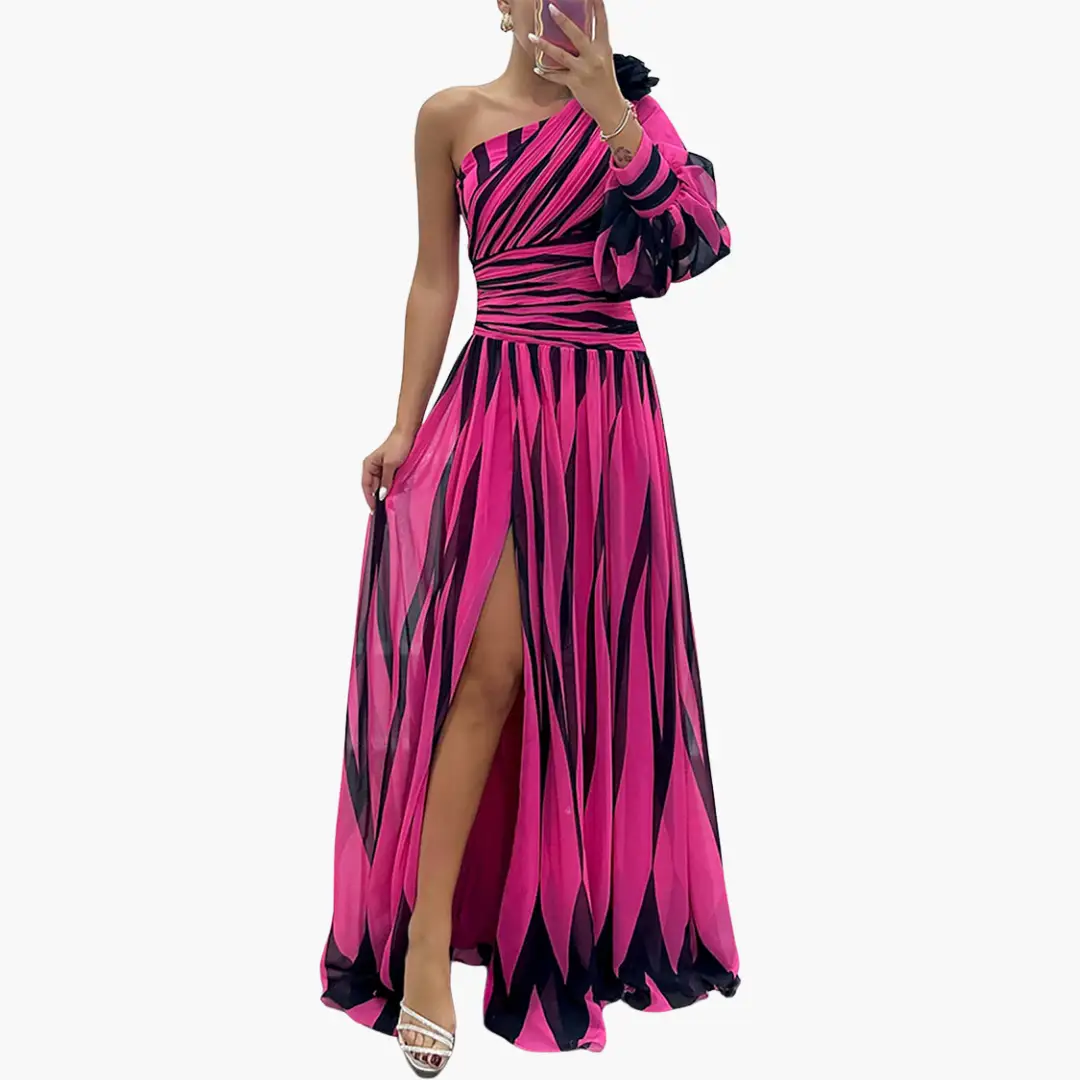 Maxi dress striped pink and black one-shoulder with thigh-high slit