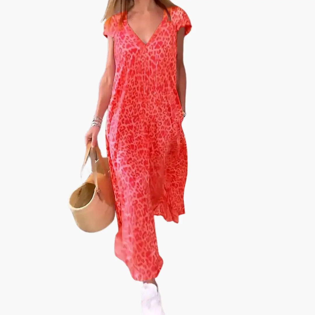 Leo Maxi Dress for Women in red leopard print with V-neck and loose fit