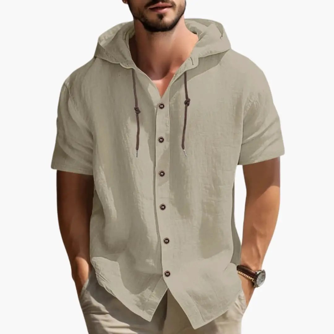 Men's beige hooded short-sleeve shirt with button placket and drawstring hood by Wilfred Smith