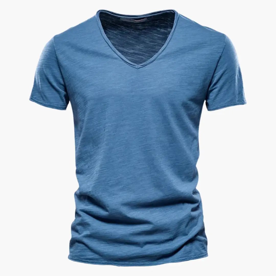 Light Summer Shirt for Men: blue V-neck short-sleeve T-shirt