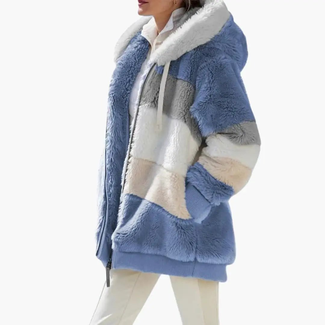 Women's jacket with hood and zipper, blue patchwork faux-fur by Wilfred Smith, track jacket style