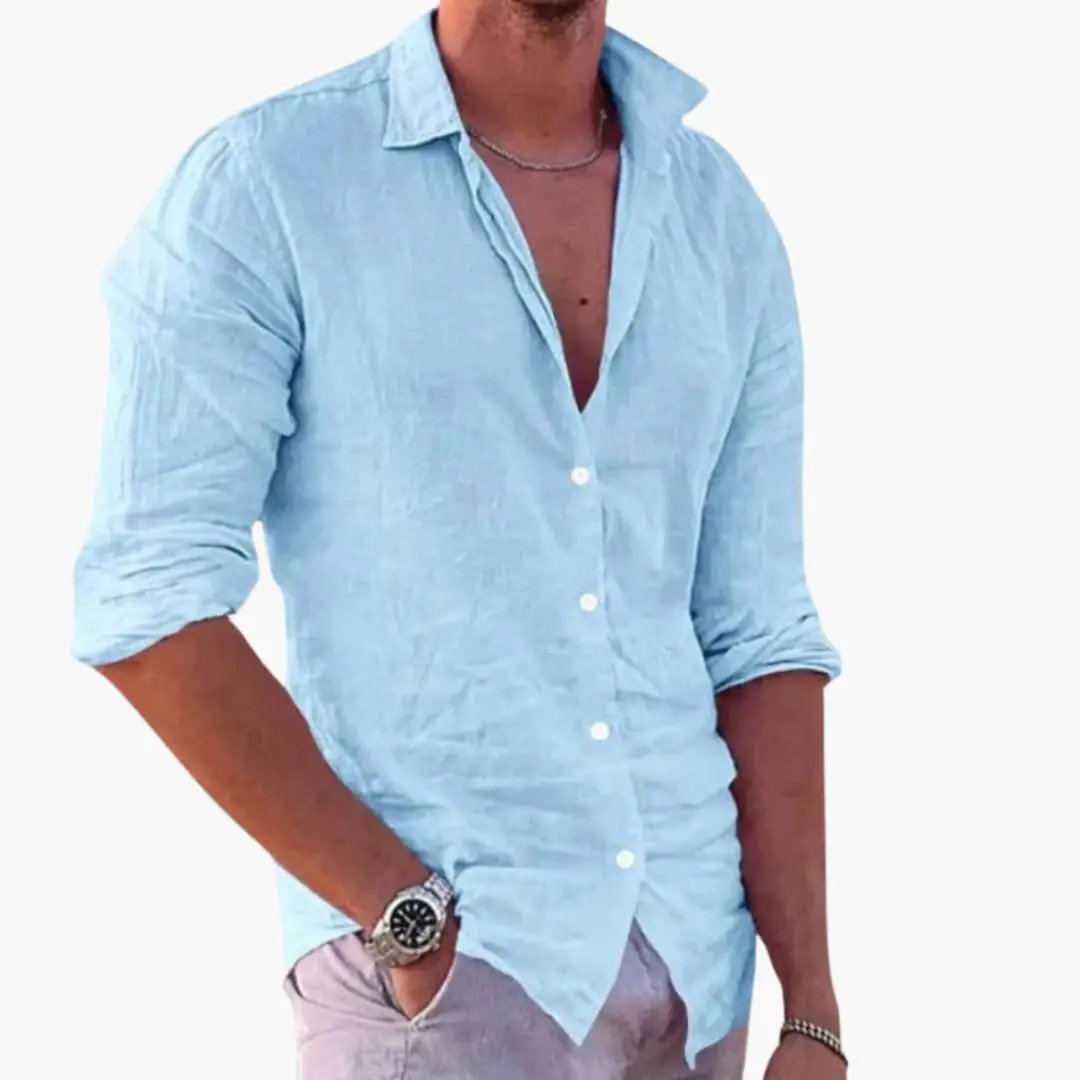 Summer Shirt for Men, light blue, lightweight and breathable casual shirt with rolled sleeves