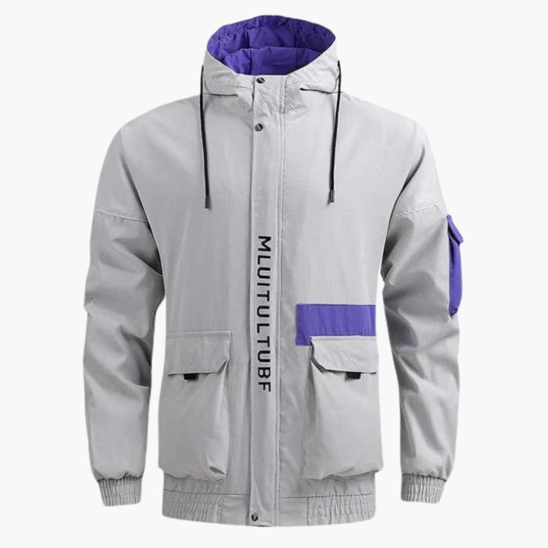 Hooded casual jacket for men by Wilfred Smith, light gray with purple hood lining and pocket accents.