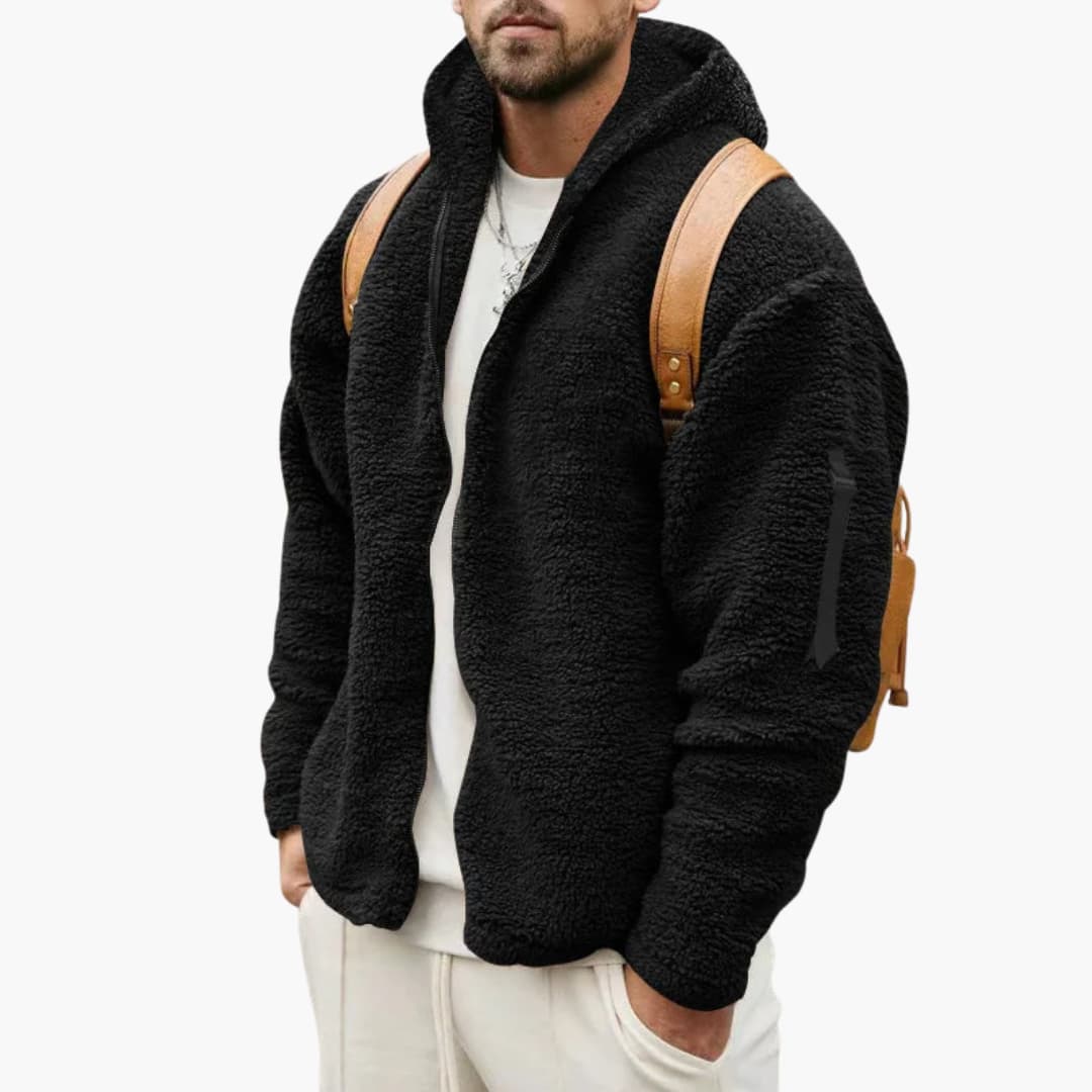 Warm men's hoodie jacket in black sherpa fleece with hood and zip