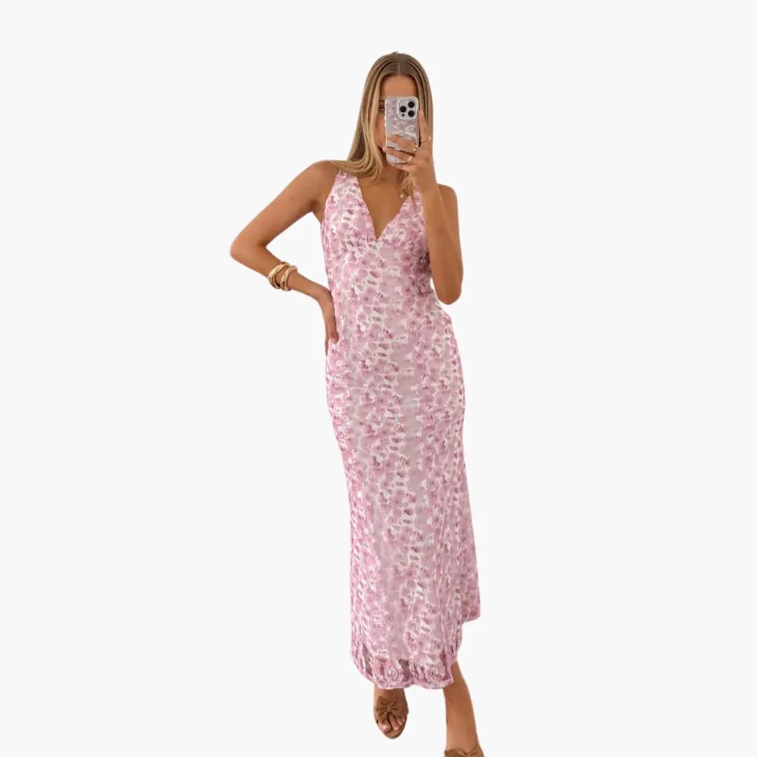 Lace maxi dress for women with pink floral lace and V-neck