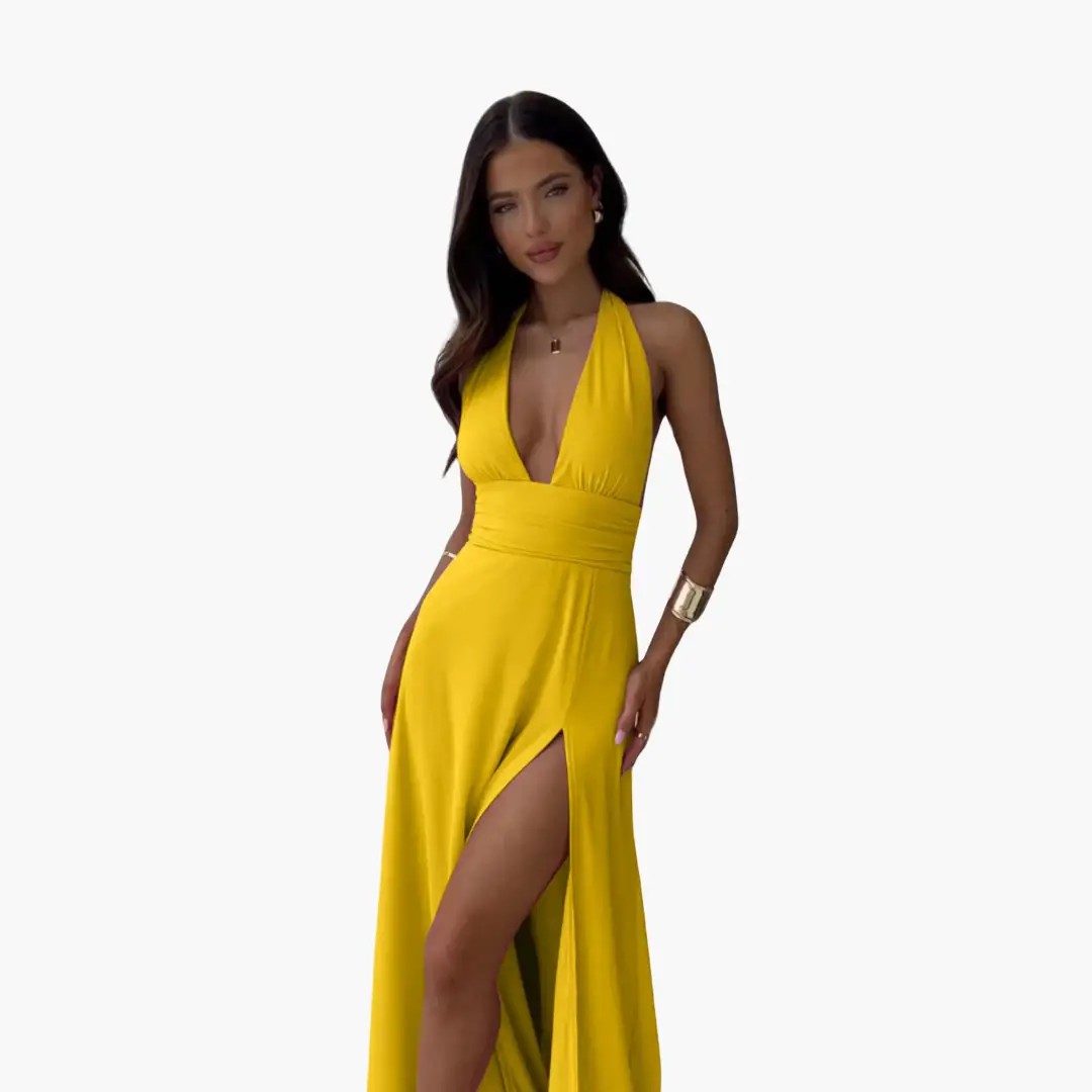 Maxi dress with halter neck and thigh-high slit in yellow, women's evening wear
