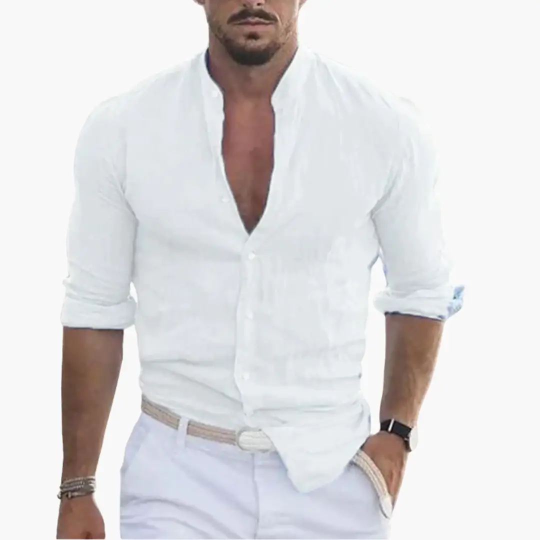 Men's white summer shirt with stand-up collar, lightweight casual hemden style, sleeves rolled.