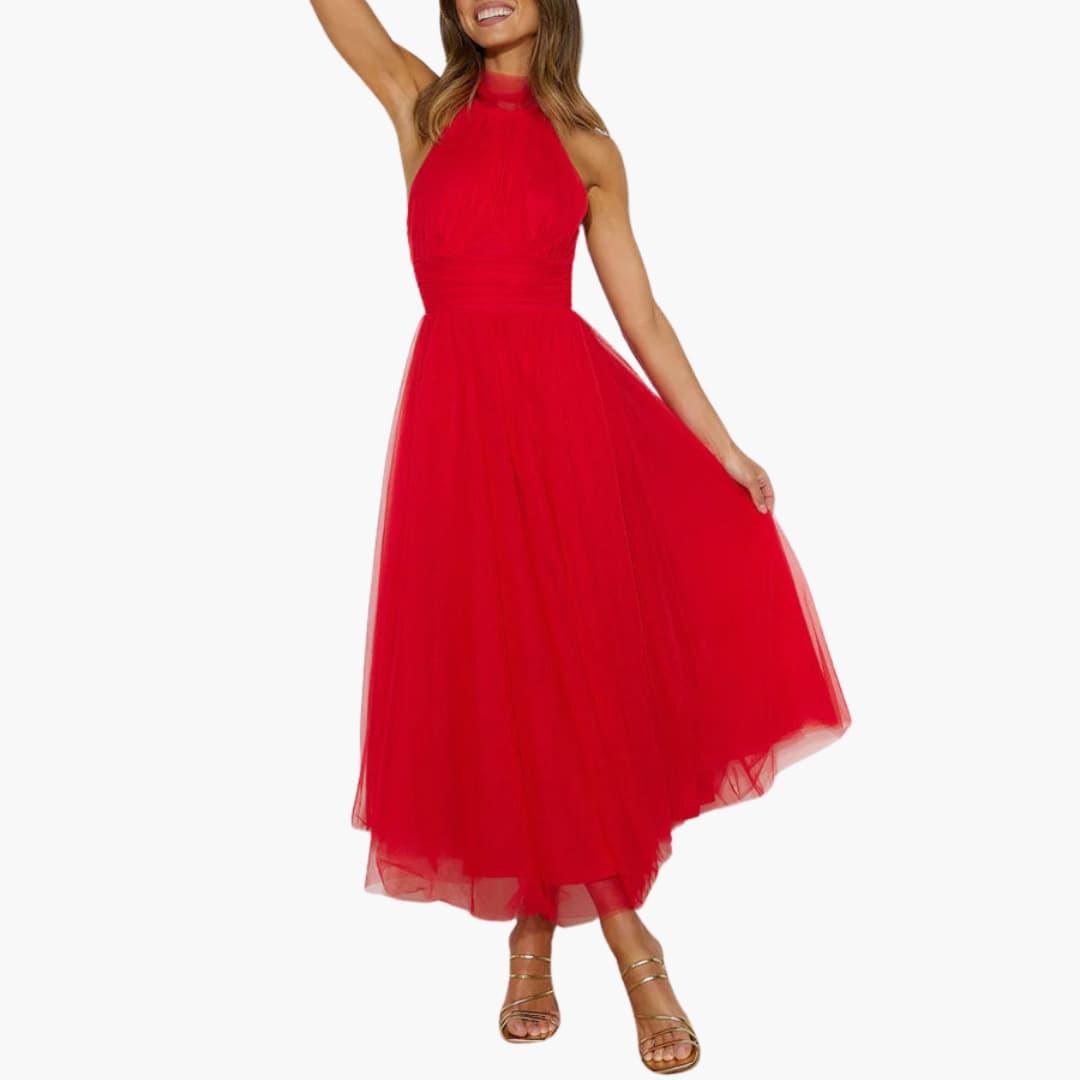 Women's halter-neck red tulle midi dress with a full skirt.