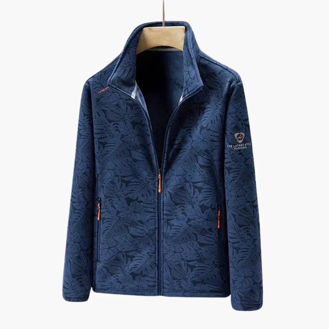 Unisex jacket in blue with stand-up collar, zip front, side pockets, leaf-pattern print, Wilfred Smith.