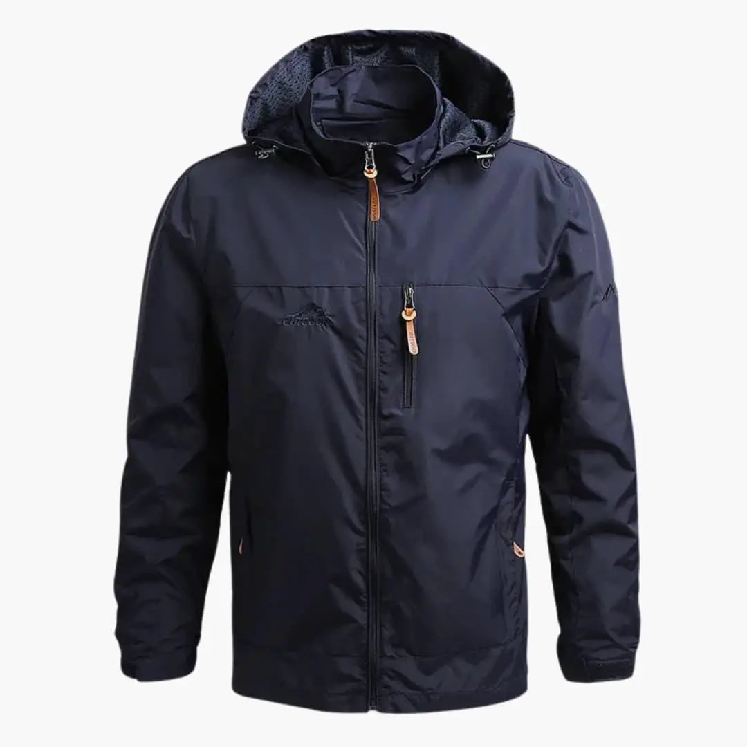 Men's hooded Wilfred Smith sport jacket in navy with front zipper and tan leather zipper pulls.