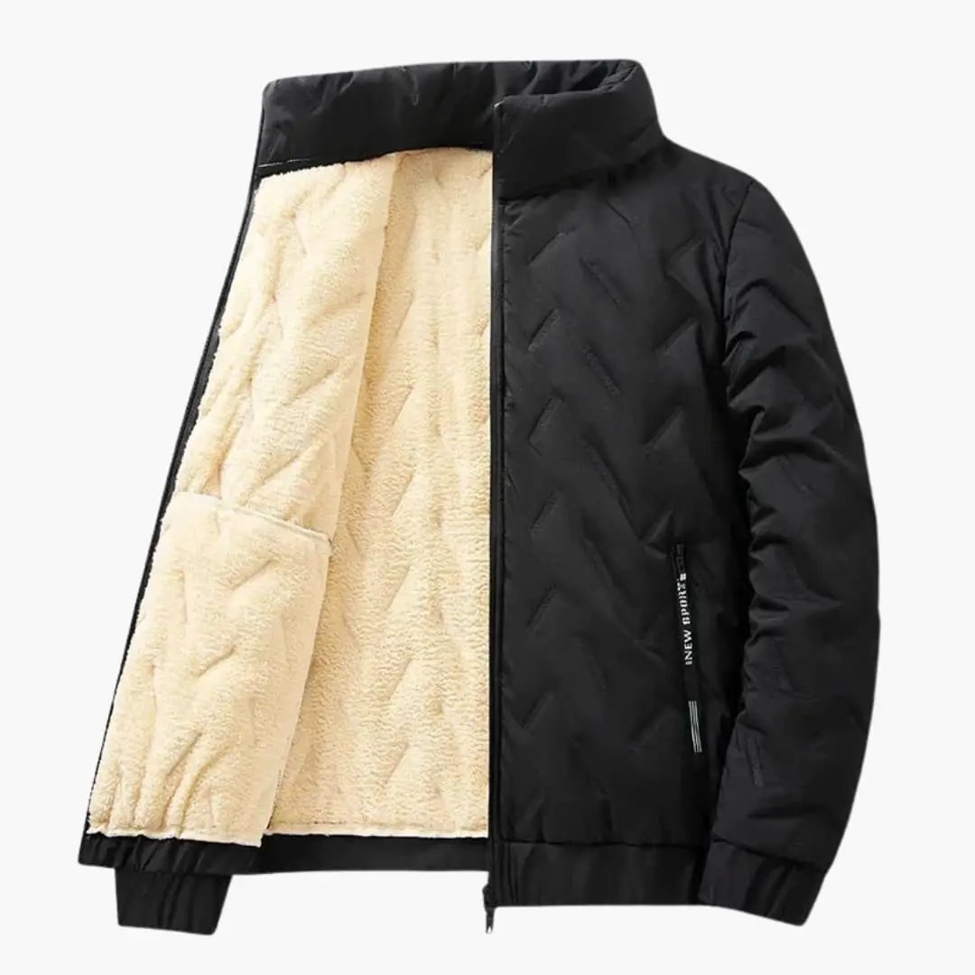Men's ski jacket Wilfred Smith; black quilted exterior with cream lined interior and zipper closure