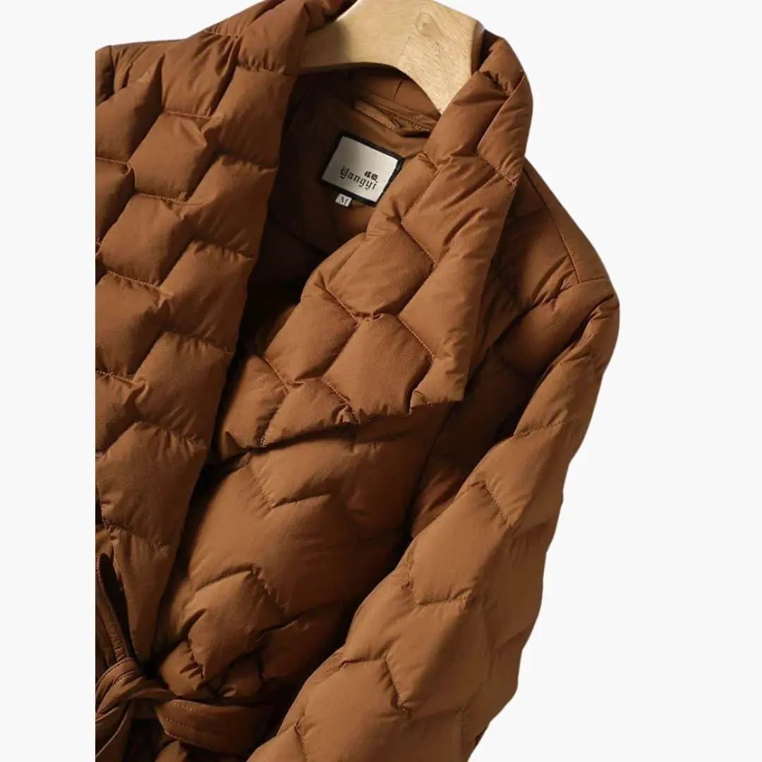 Women's brown quilted down coat with belt and long sleeves, puffer jacket
