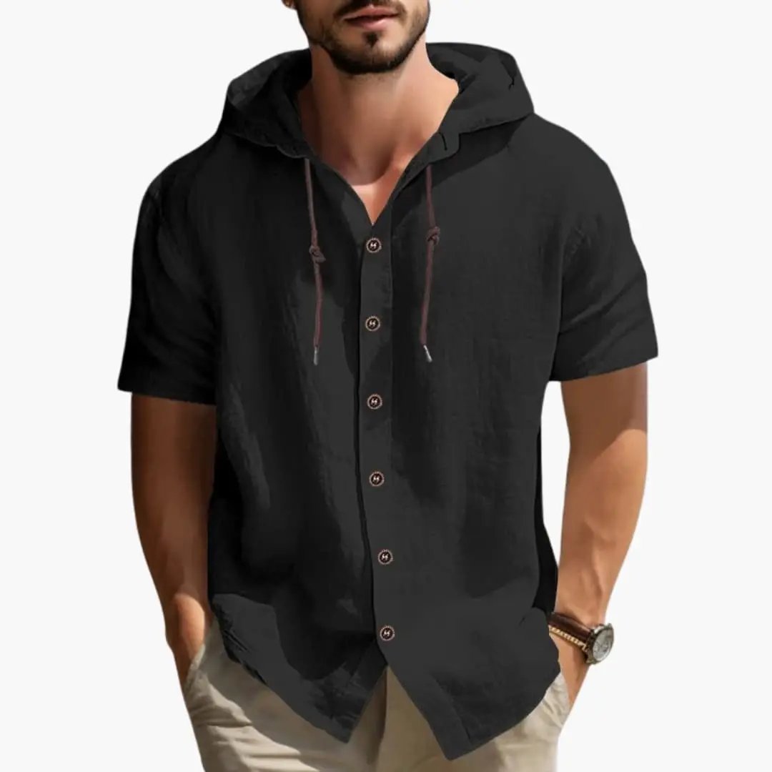 Men's black hooded short-sleeve shirt with button placket and drawstring hood, casual travel wear