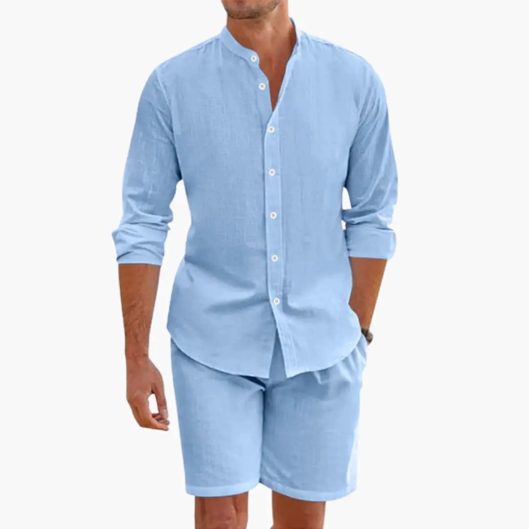 Men's two-piece linen-blend set in light blue with a button-down shirt and matching shorts by Wilfred Smith