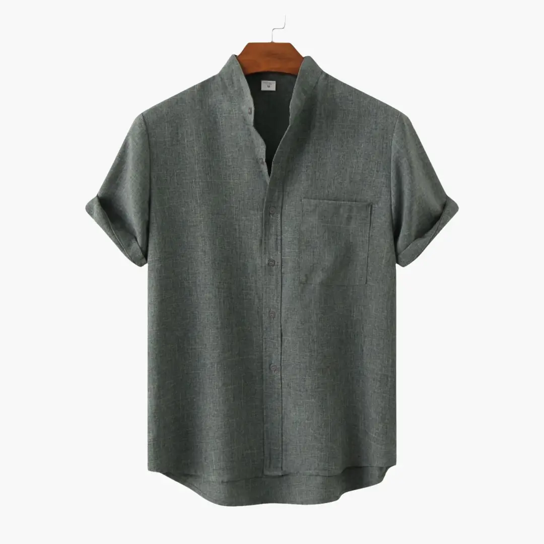 Men’s short-sleeve gray-green button-down shirt with collar and chest pocket, Wilfred Smith
