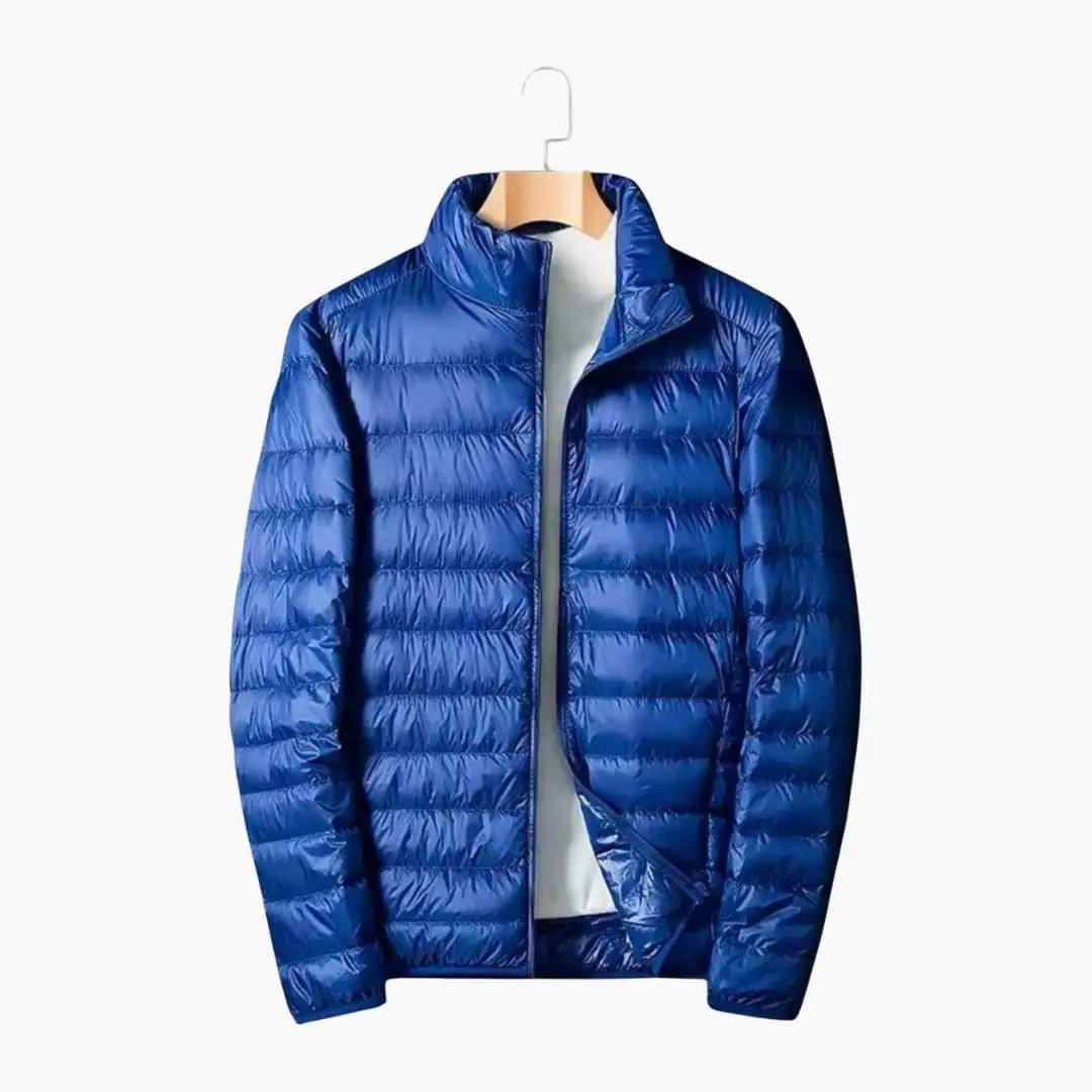 Men's Quilted Puffer Jacket by Wilfred Smith, blue with zipper and collar