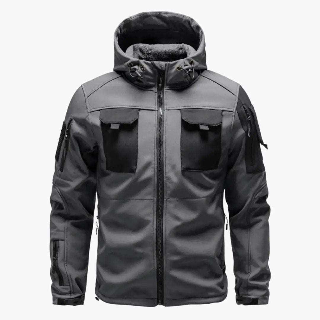 Men's zip-up hooded softshell jacket with multiple pockets in gray by Wilfred Smith.