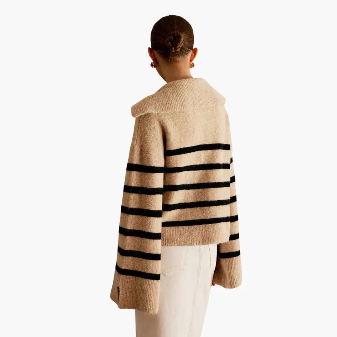 Women's oversized striped knit pullover sweater in beige with black horizontal stripes
