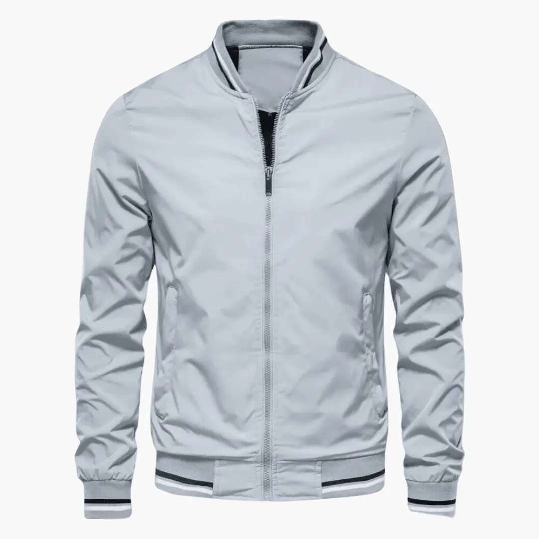 Structured jacket for men by Wilfred Smith, light gray bomber with front zipper and ribbed cuffs and hem.