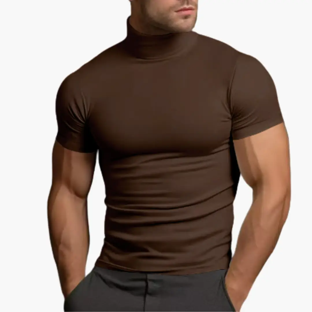Turtleneck casual shirt for men, brown, form-fitting short sleeve tee