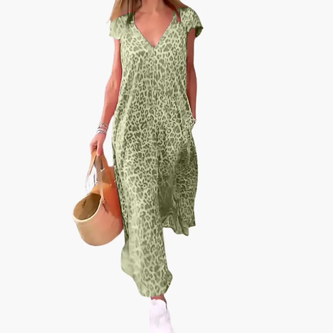 Leo Maxi Dress for Women, green leopard-print V-neck with a loose fit