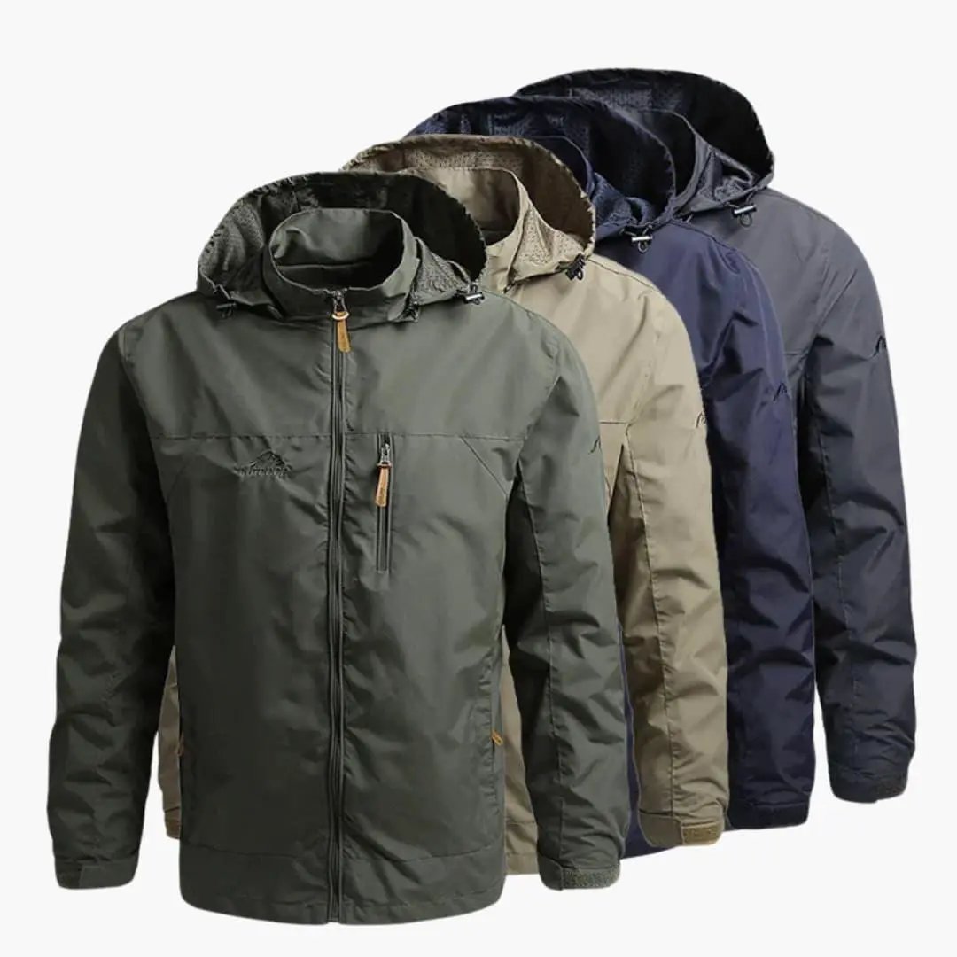 Men's hooded jackets with zipper and pockets in olive green, beige, navy, and charcoal (set of 4).