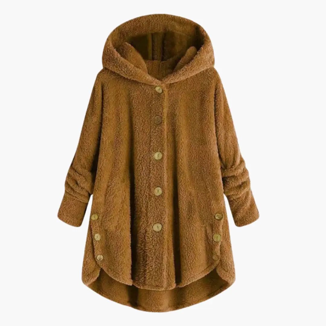 Women's hooded teddy coat by Wilfred Smith with button closure in brown plush fabric