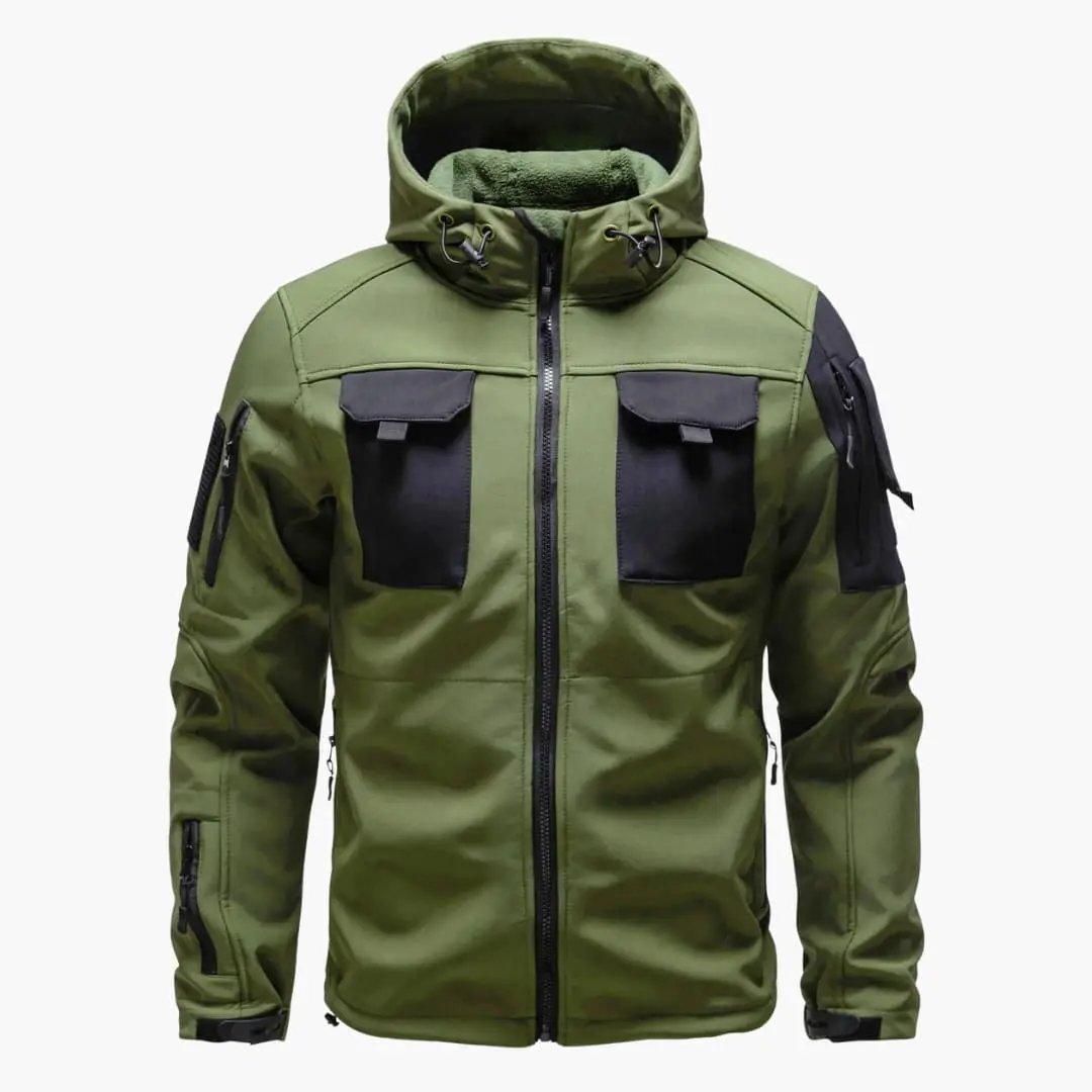 Men's zip-up hooded jacket with multi-pocket design in olive green softshell