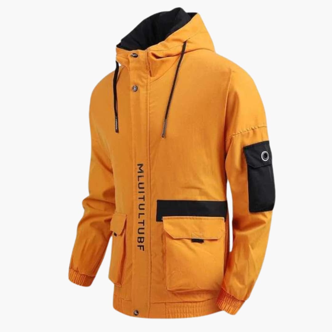 Hooded casual jacket for men in orange with black hood lining, zip front and multiple pockets.