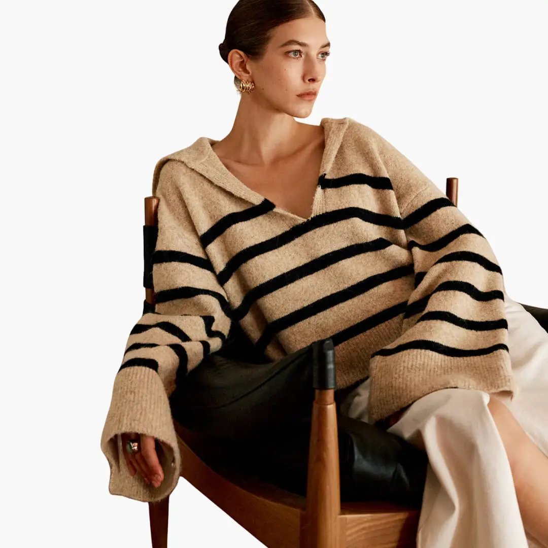 Women's pullover with V-neck, oversized beige striped sweater by Wilfred Smith