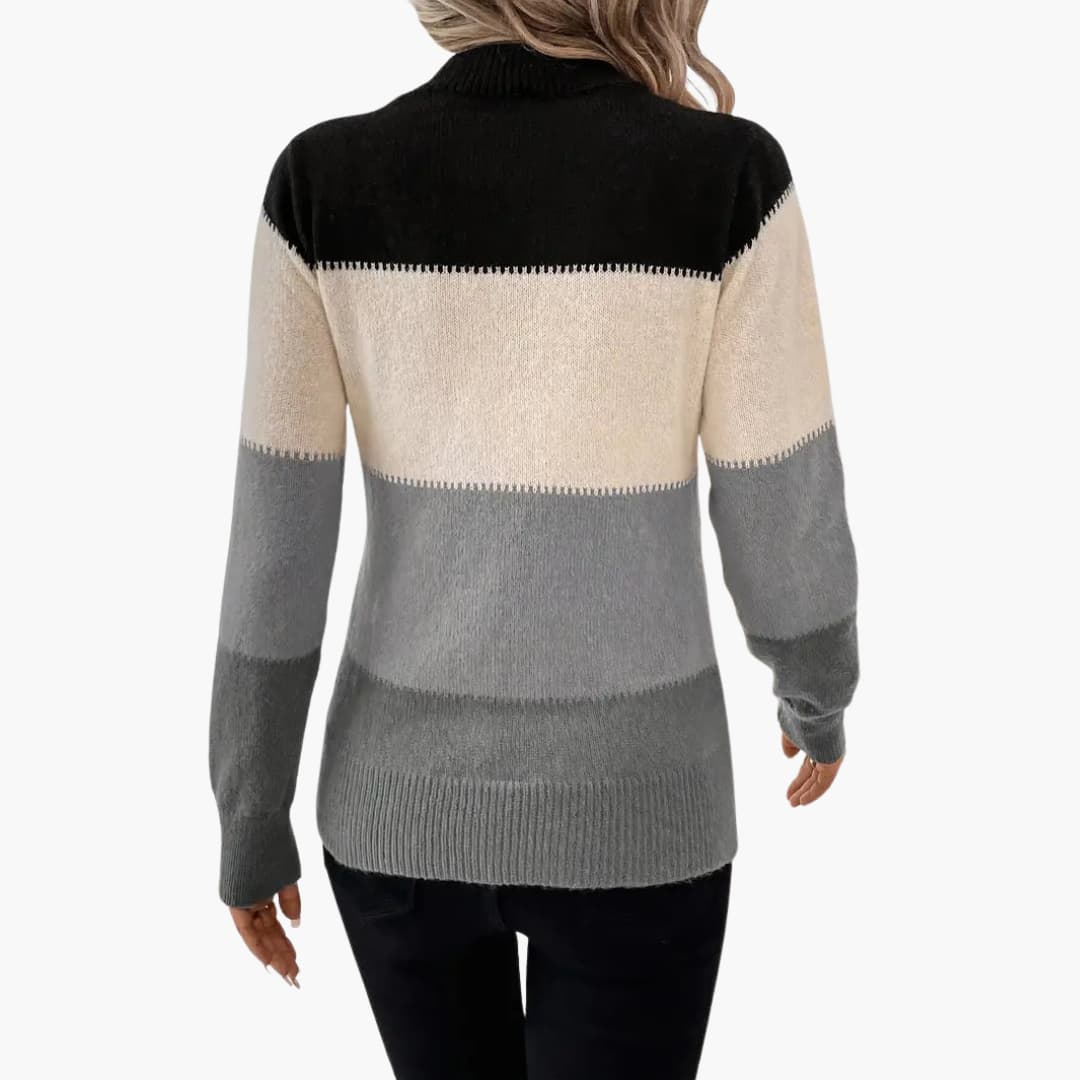 Women's colorblock pullover sweater with round neckline in black, beige, and gray