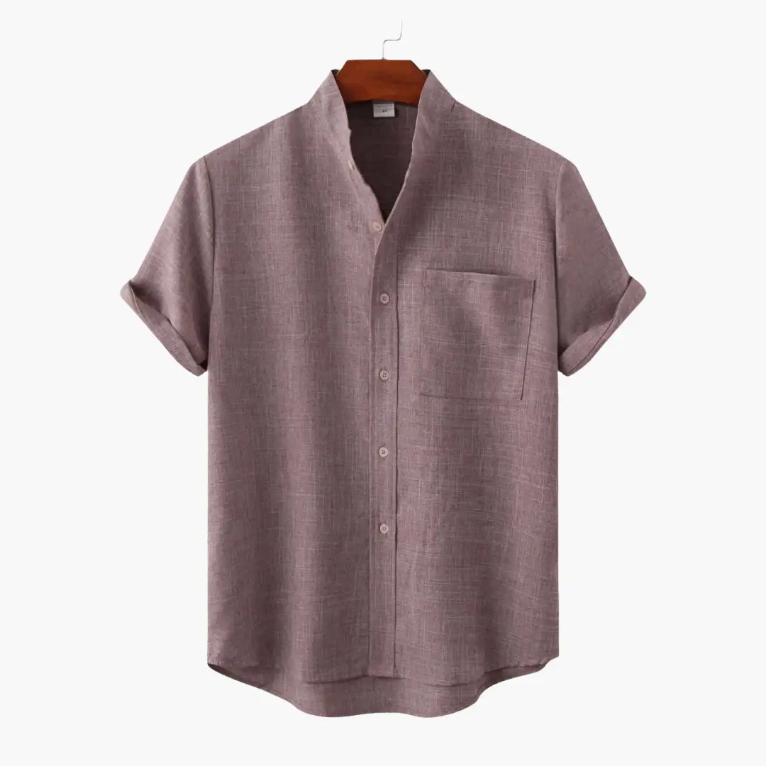 Men’s Short Sleeve Button-Down Shirt with Collar by Wilfred Smith, rose-mauve color, chest pocket, rolled cuffs