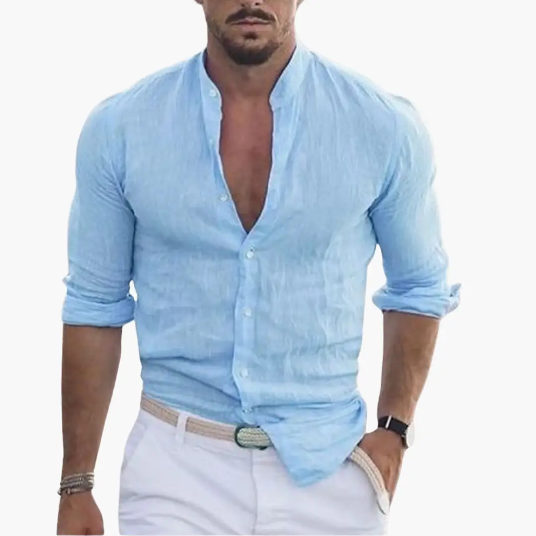 Summer shirt for men by Wilfred Smith, light blue casual shirt with stand-up collar
