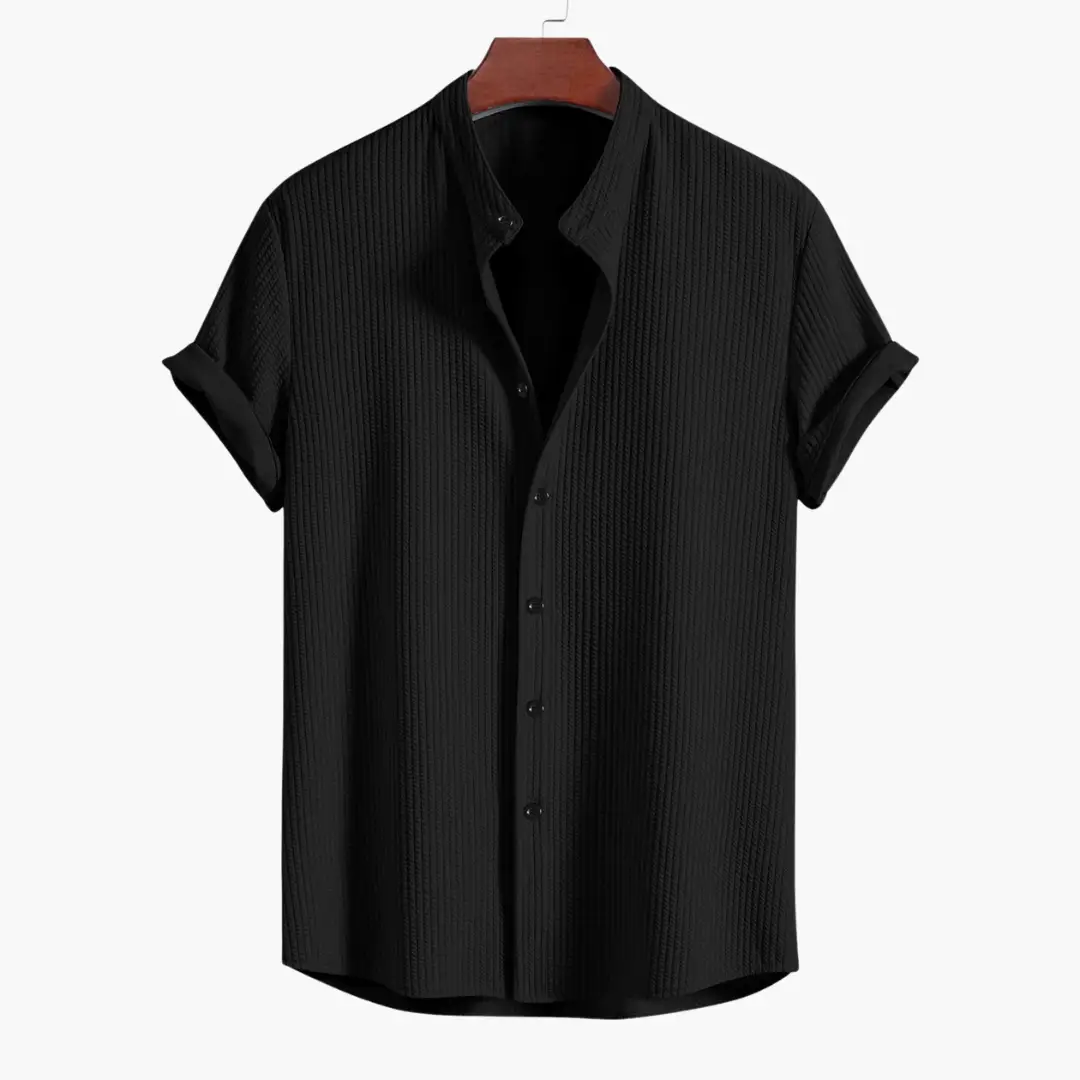 Men's black stand-collar shirt with textured fabric, short sleeves, slim fit