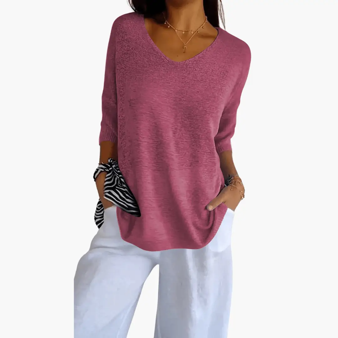 Women's V-Neck Loose Knit Top in pink with 3/4 sleeves for casual summer wear