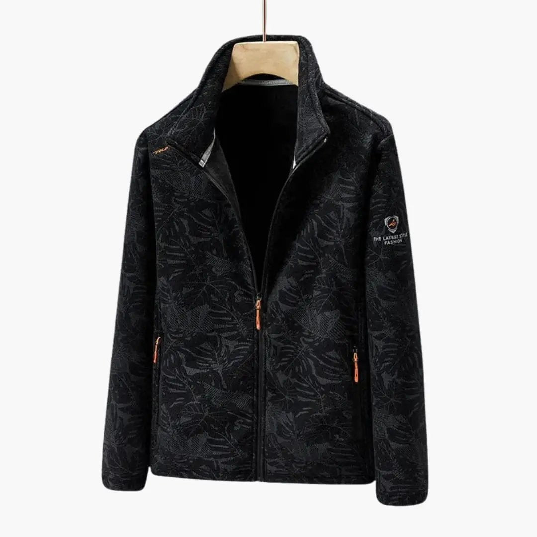 Unisex jacket with zipper and side pockets, black patterned fabric, copper zippers, stand-up collar, Wilfred Smith