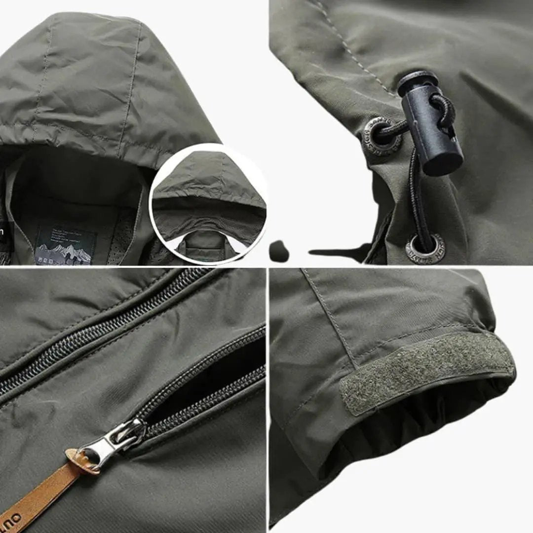 Men's hooded sport jacket in olive green with zipper, pockets and adjustable drawstring hood