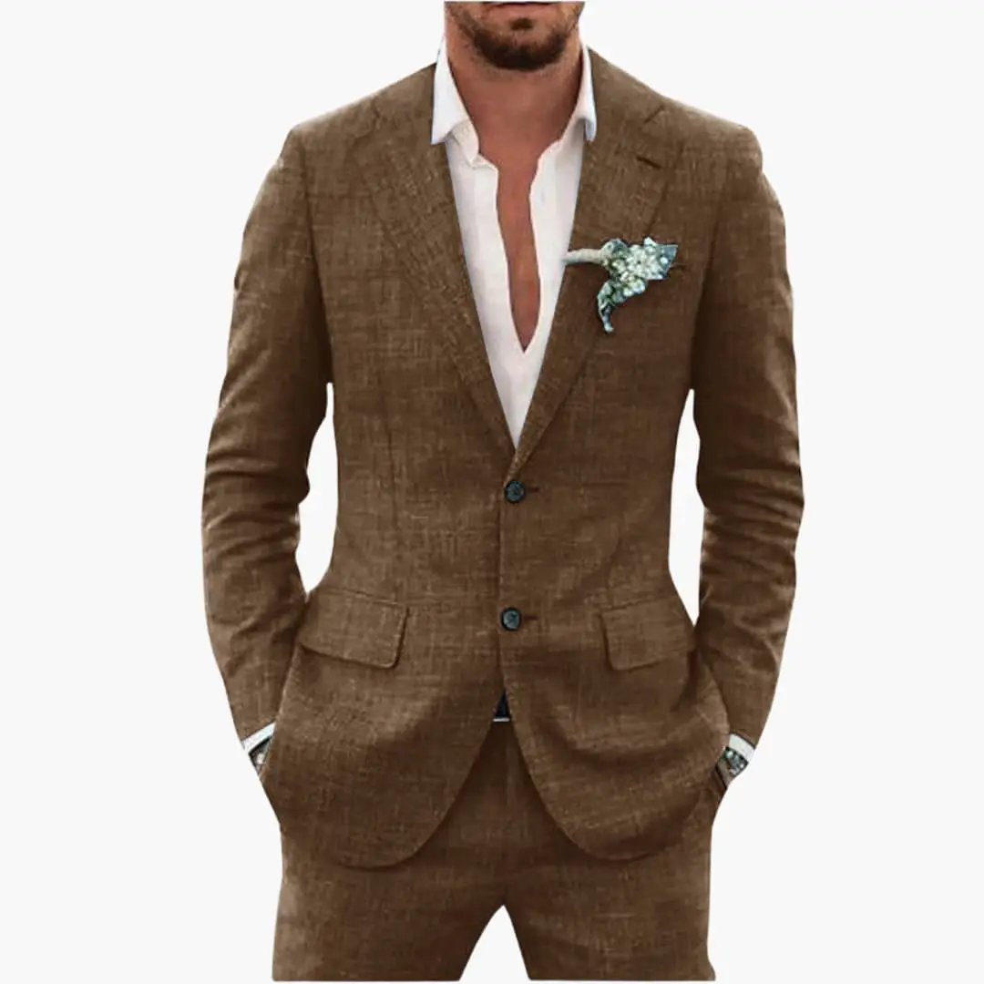 Men's two-piece wedding suit by Wilfred Smith in brown linen, notched lapel, button closure