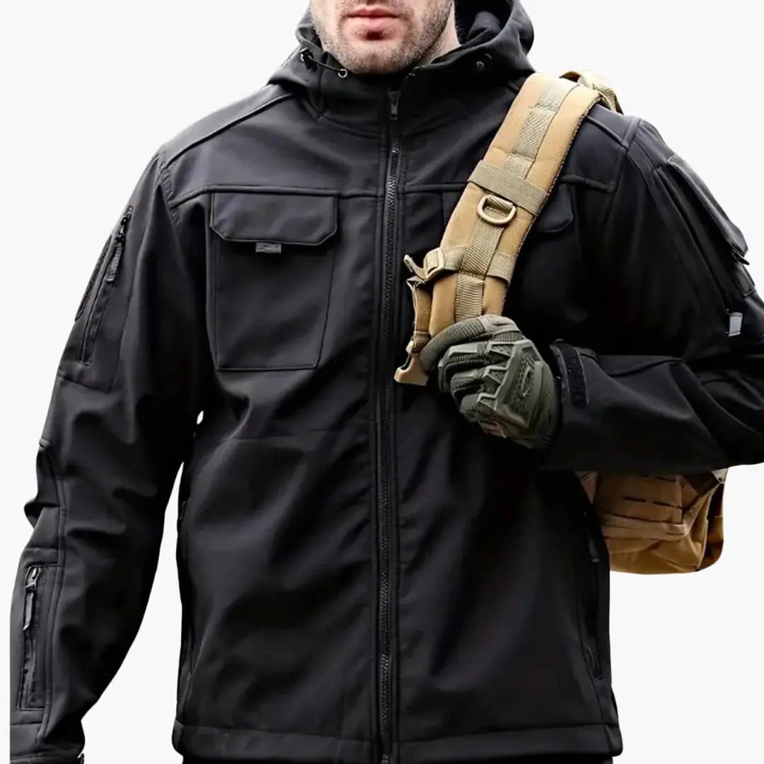 Men's black zip-up hooded softshell jacket with multiple pockets