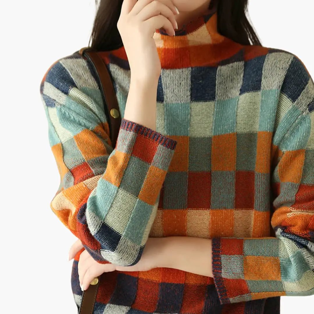 Women's checkered knit turtleneck sweater with relaxed fit in multicolor pattern by Wilfred Smith