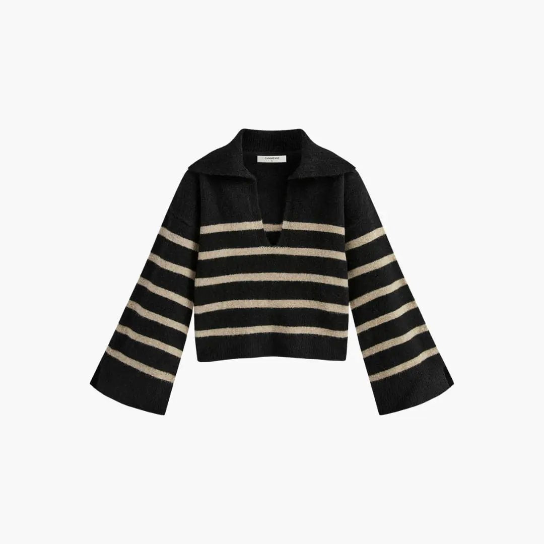 Women's oversized pullover sweater in black with beige horizontal stripes and wide sleeves, V-neck