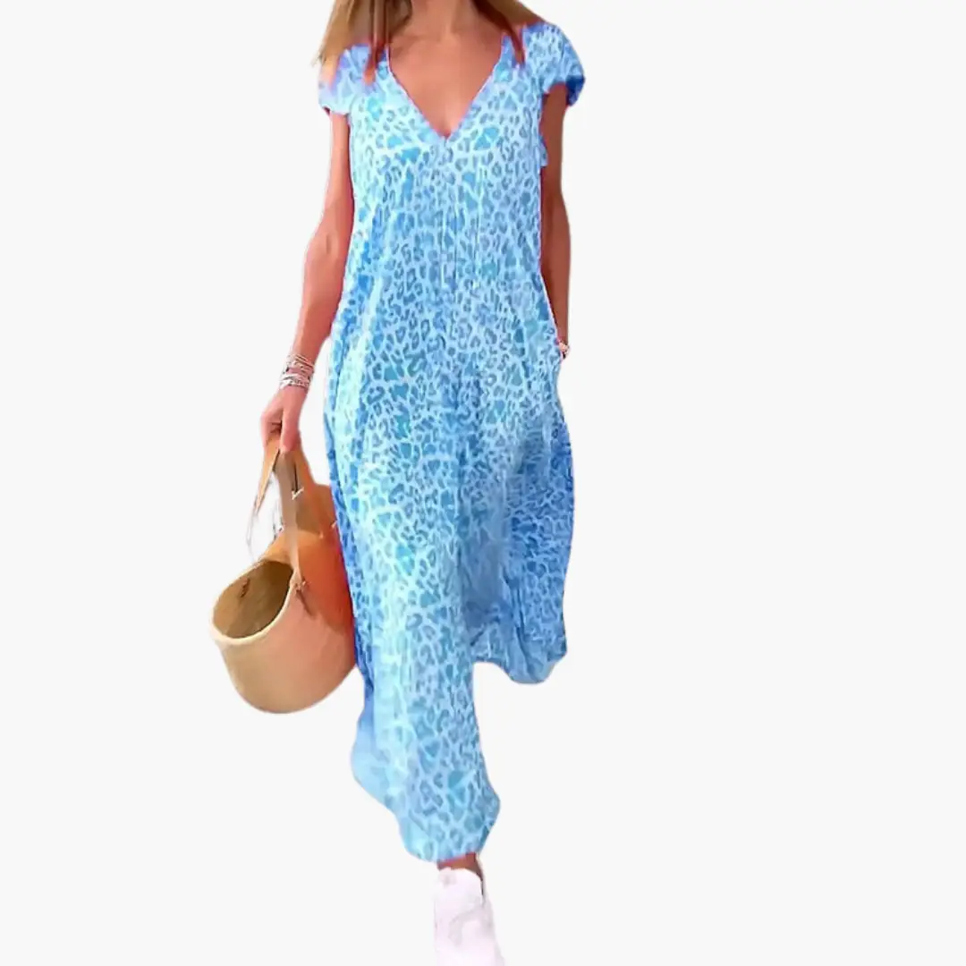 Leo Maxi Dress for Women blue leopard-print V-neck loose-fit maxi dress