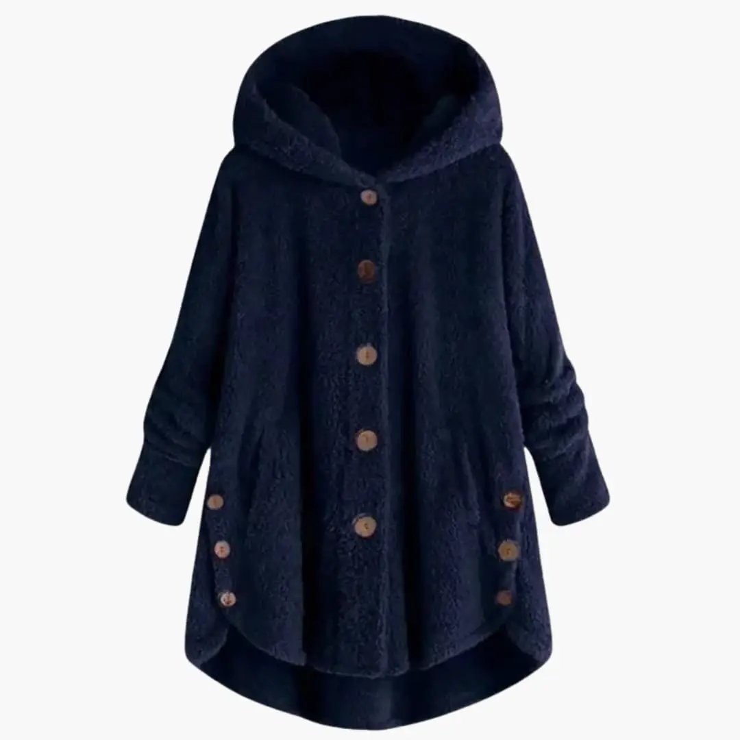 Women's navy teddy jacket with hood and wooden button closure