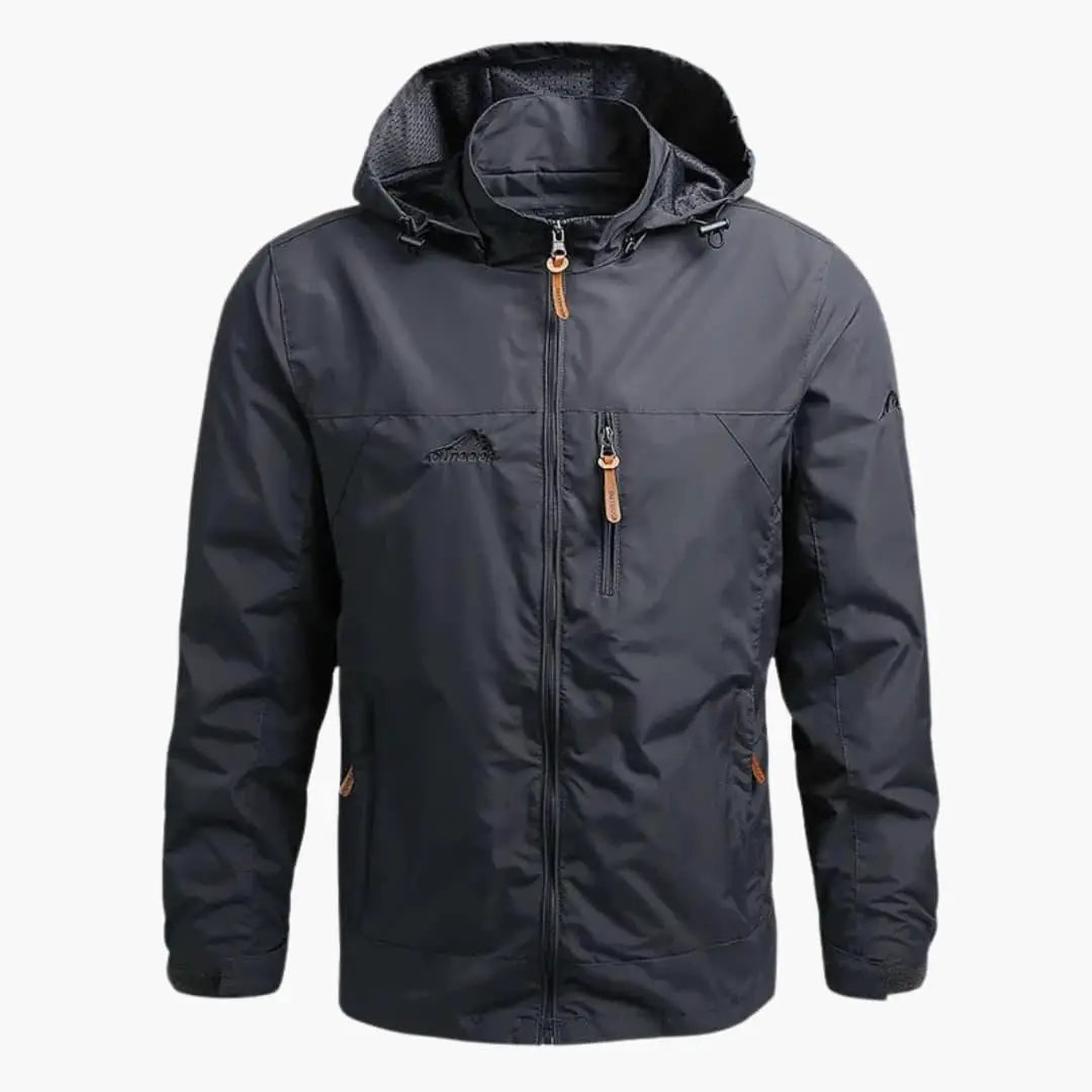 Men's hooded jacket by Wilfred Smith, black sport jacket with front zip pockets, chest zip and drawstring hood