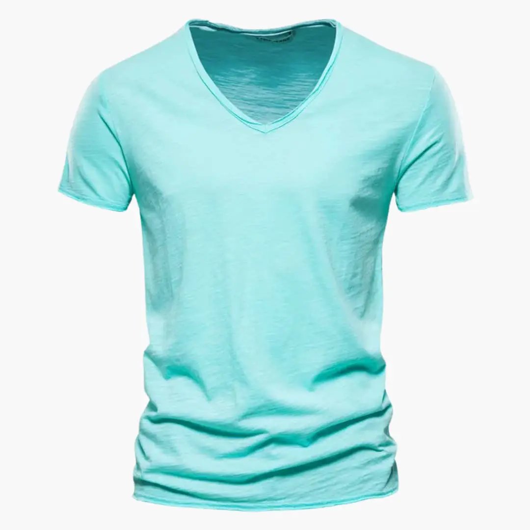 Light summer shirt, men's aqua-teal V-neck short-sleeve T-shirt by Wilfred Smith