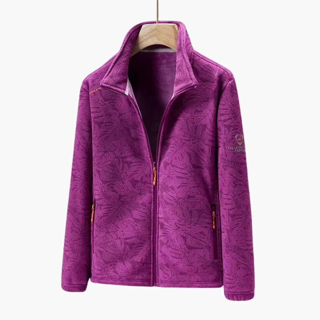 Unisex Wilfred Smith purple fleece jacket with stand-up collar, front zipper, and zippered side pockets