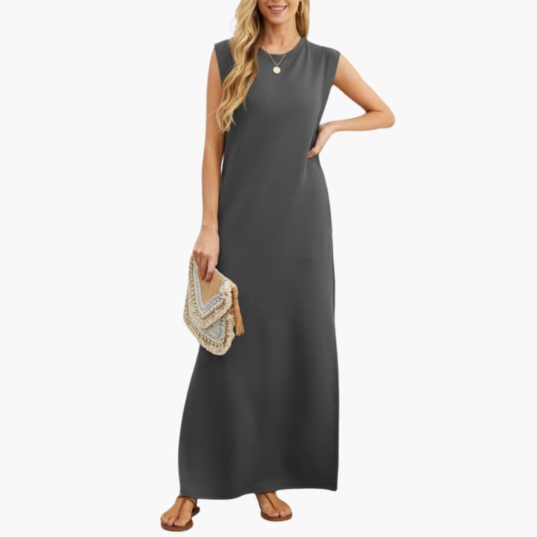 Maxi dress for women, charcoal gray sleeveless ankle-length style