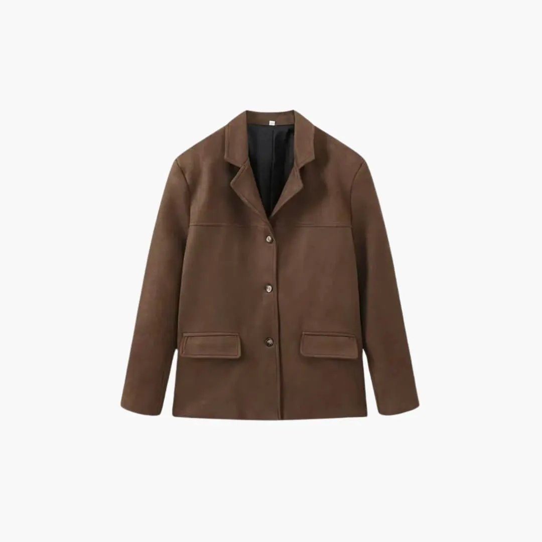 Women's suede jacket by Wilfred Smith in brown with button placket and flap pockets